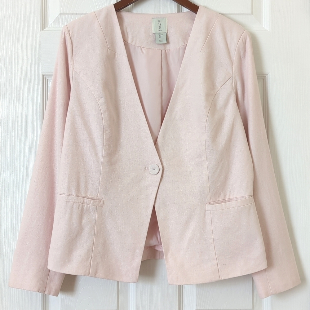 Joie Classic Linen Blend Collarless Single Button Blazer Jacket Baby Pink Large